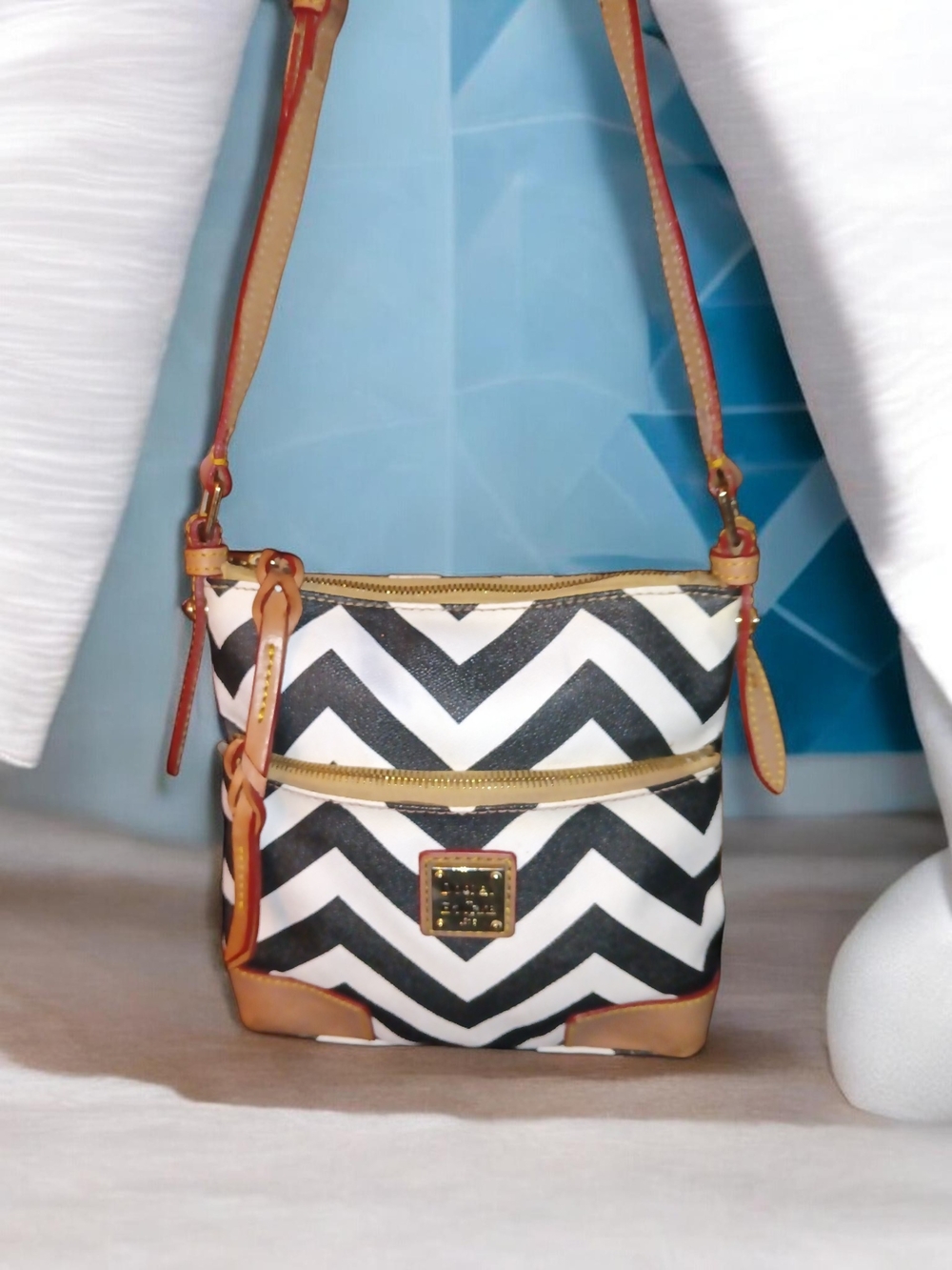 Dooney & Bourke Black and White Chevron Crossbody with Tan Trim